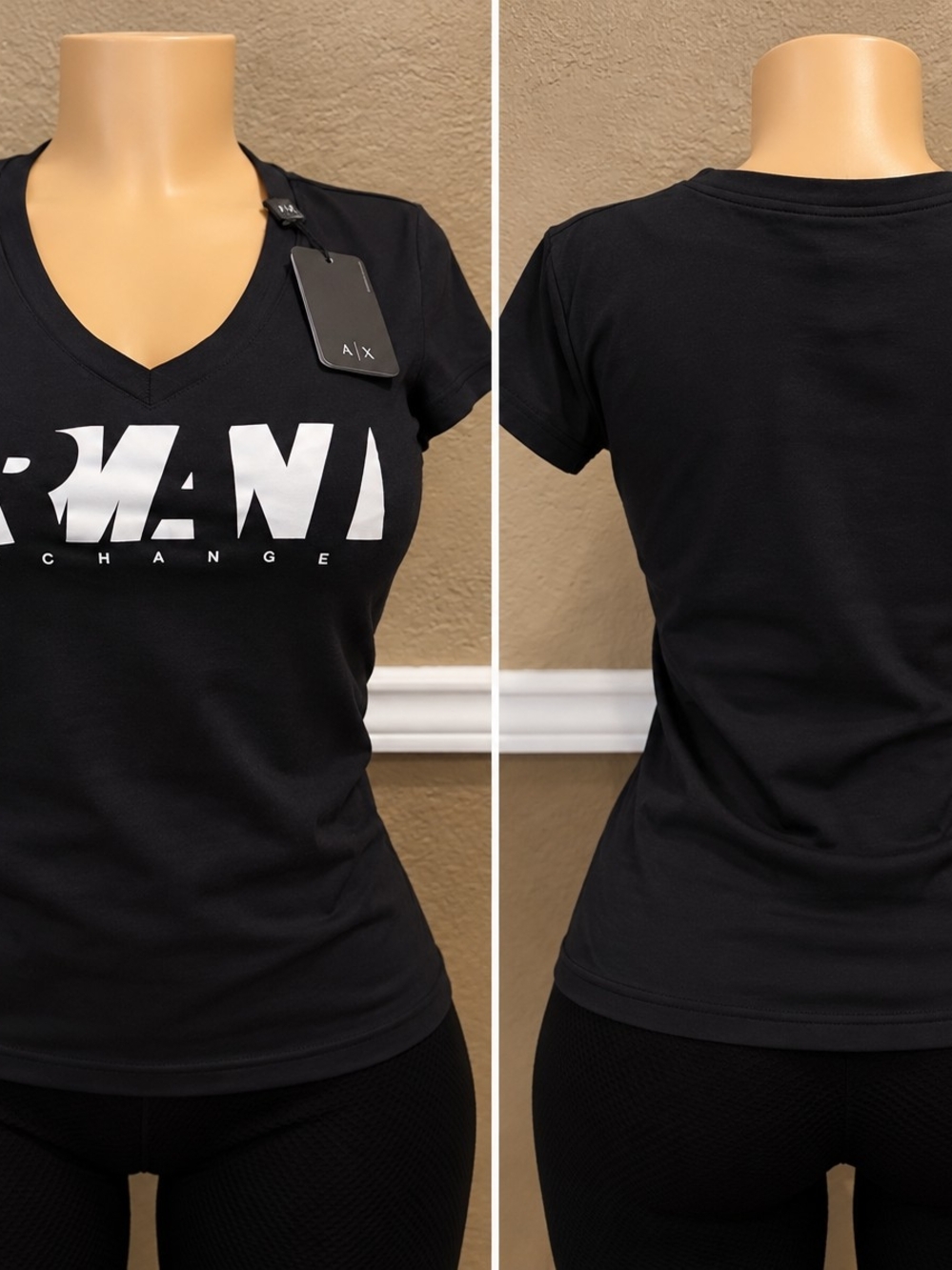 Armani Exchange Women's Black V-Neck Logo Tee
